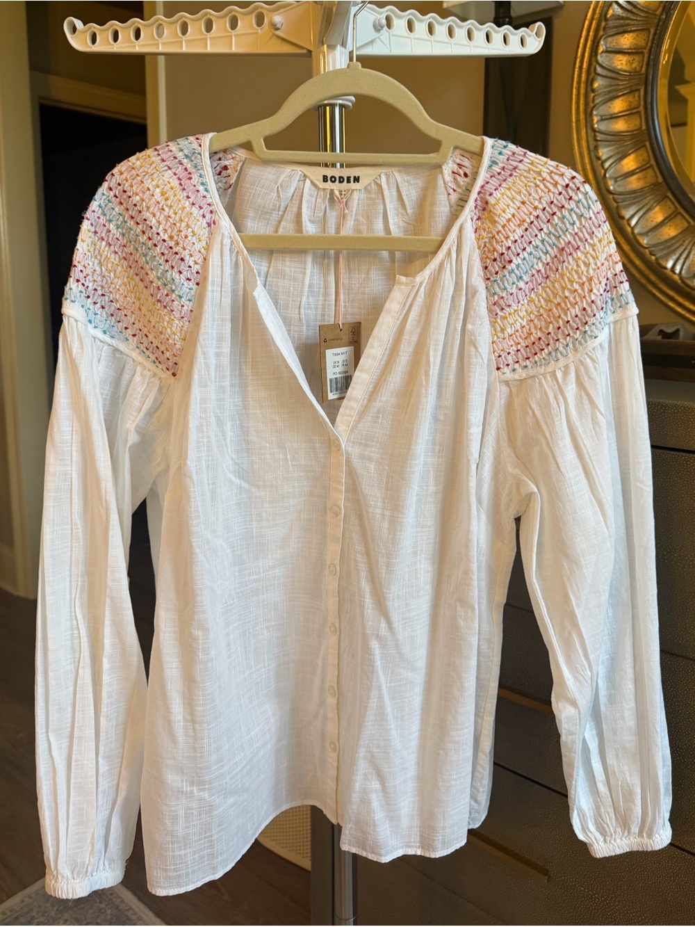 NWT Boden Cotton Smocked Blouse in white / multicolor